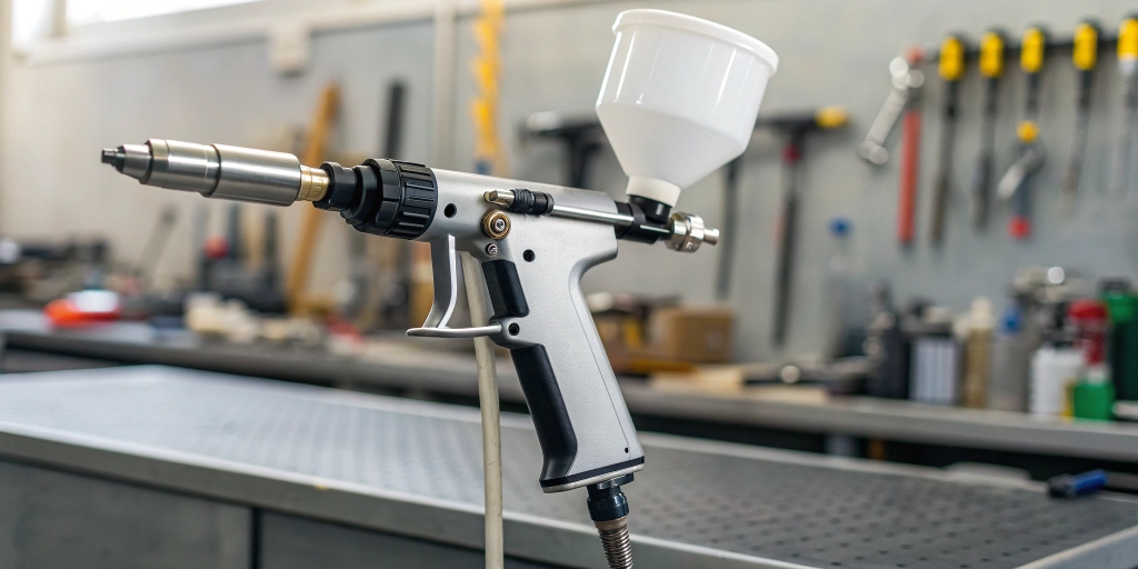 A technician using a professional powder coating gun to apply an even coat of paint on metal parts in an industrial workshop, illustrating efficient equipment changeovers.