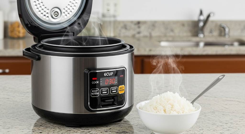 Steaming fluffy white rice pouring from a sleek 6-cup rice cooker onto a plate.