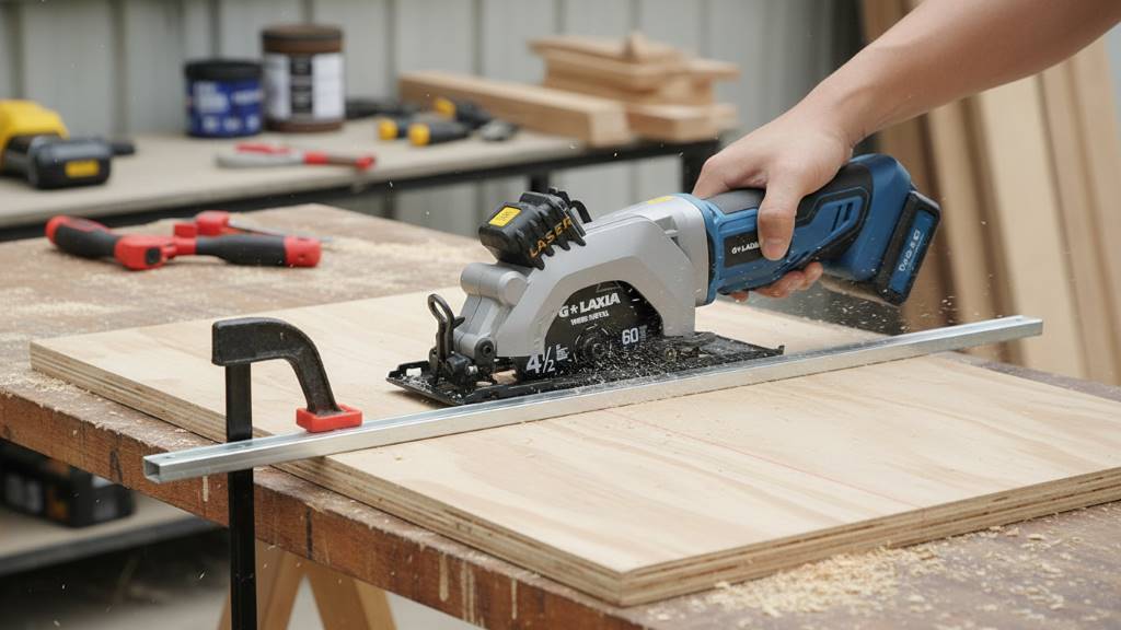 G LAXIA mini circular saw making a straight cut through plywood with a clamped guide