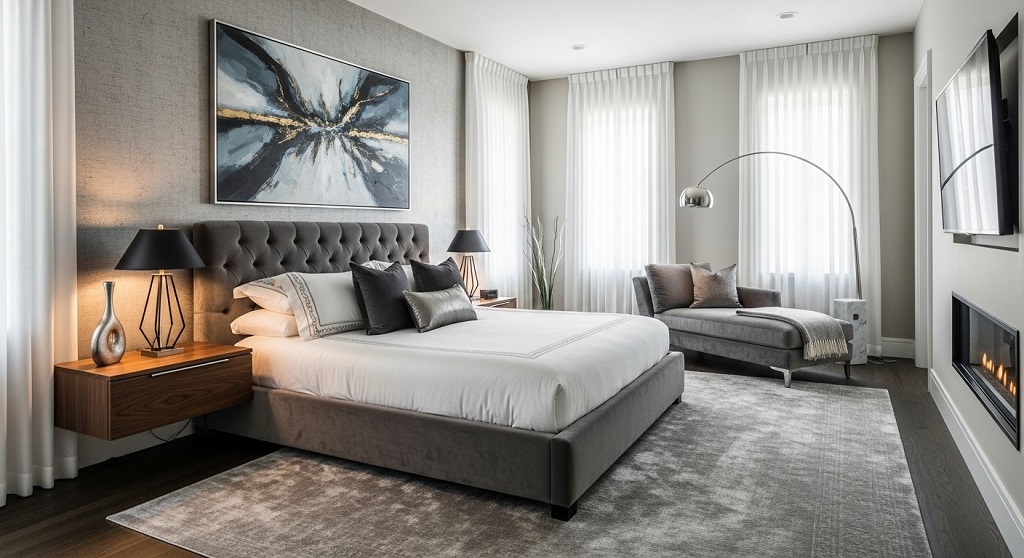 Modern king size bedroom layout with minimal decor