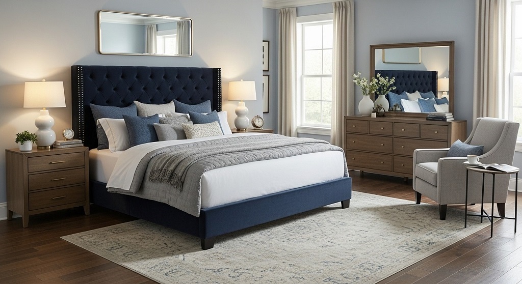 King size bedroom set styled with neutral bedding