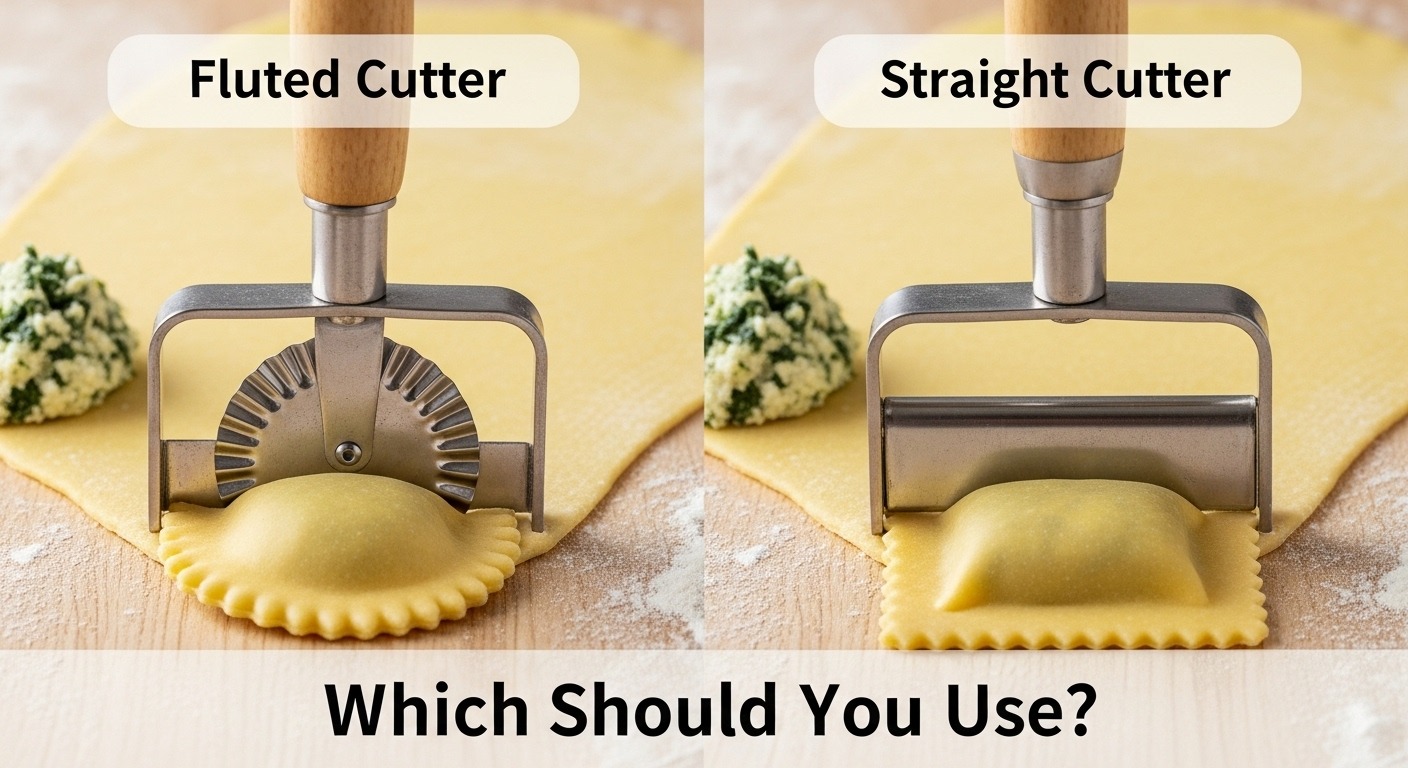 Fluted ravioli cutter creating decorative pasta edges on fresh dough