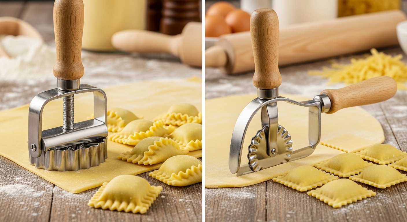 Straight ravioli cutter producing clean square traditional ravioli style
