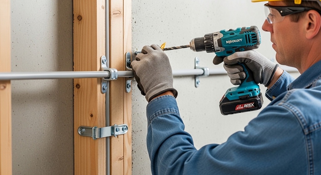 Electrician installing EMT conduit along a garage wall