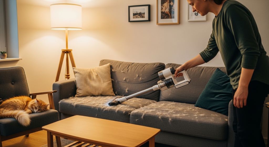 A person using a cordless lightweight vacuum to clean cat hair off a grey fabric sofa in a small apartment living room