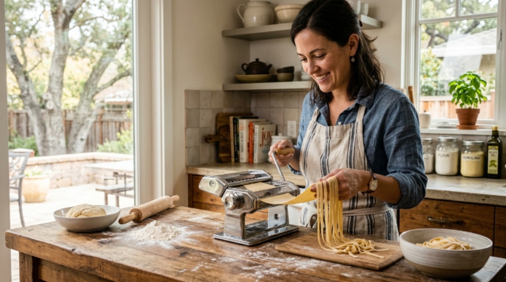 Home cook using an affordable stainless steel manual pasta maker on a wooden kitchen countertop in California