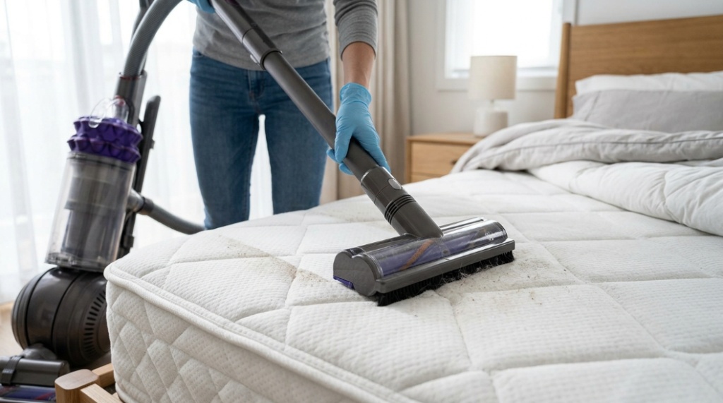 vacuum cleaning mattress with upholstery attachment removing dust mites