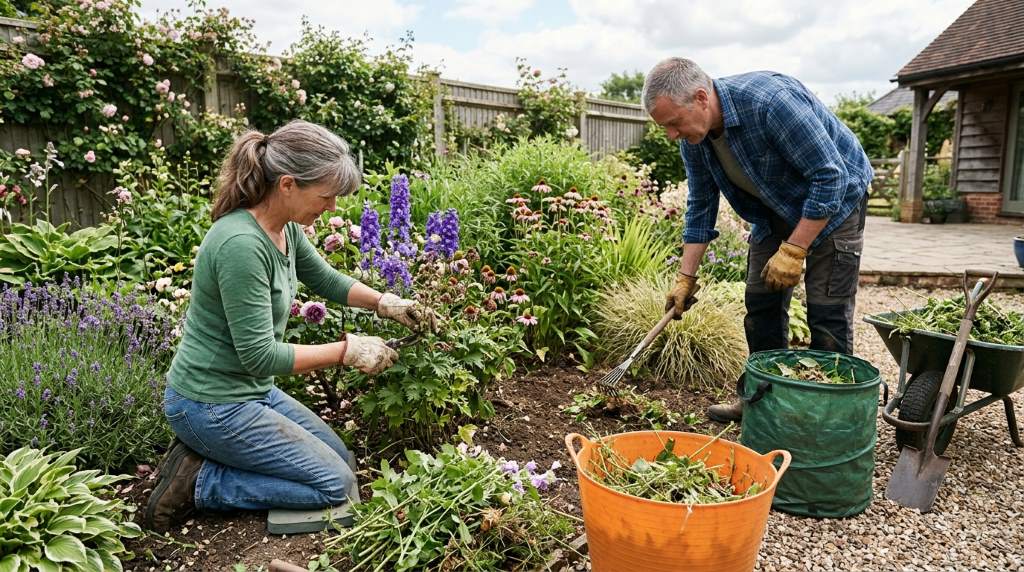Chicago backyard flower bed cleanup in early spring with fresh soil preparation