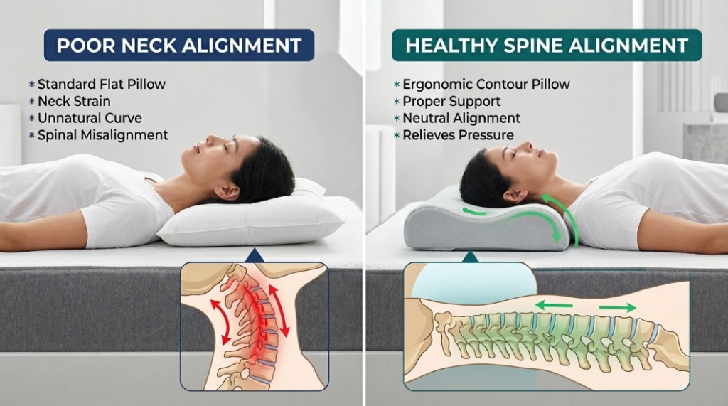 Comparison diagram showing neck alignment on a standard pillow versus a memory foam contour pillow.