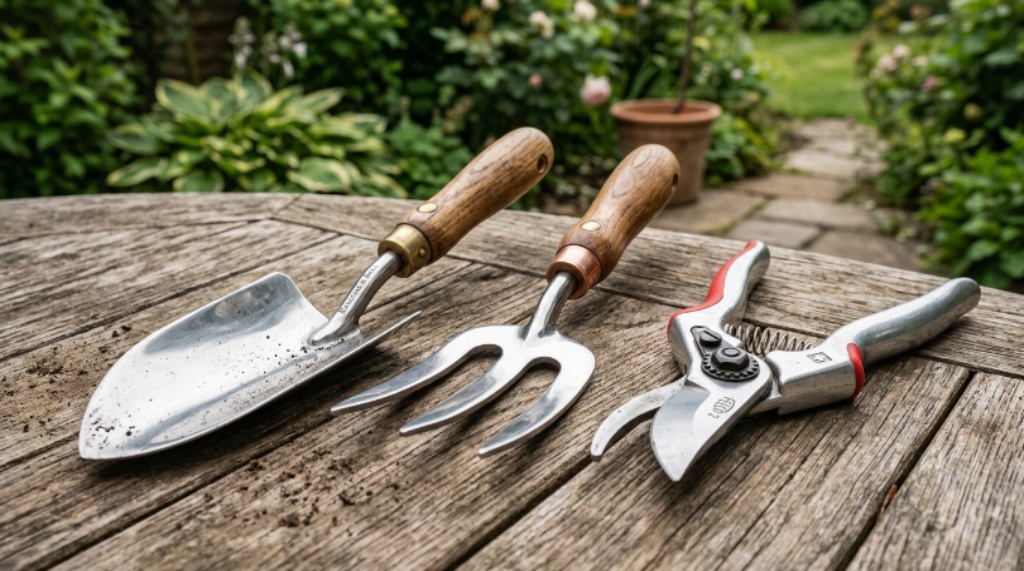 Close-up of high-quality stainless steel gardening hand tools including a trowel, fork, and pruners on a garden table