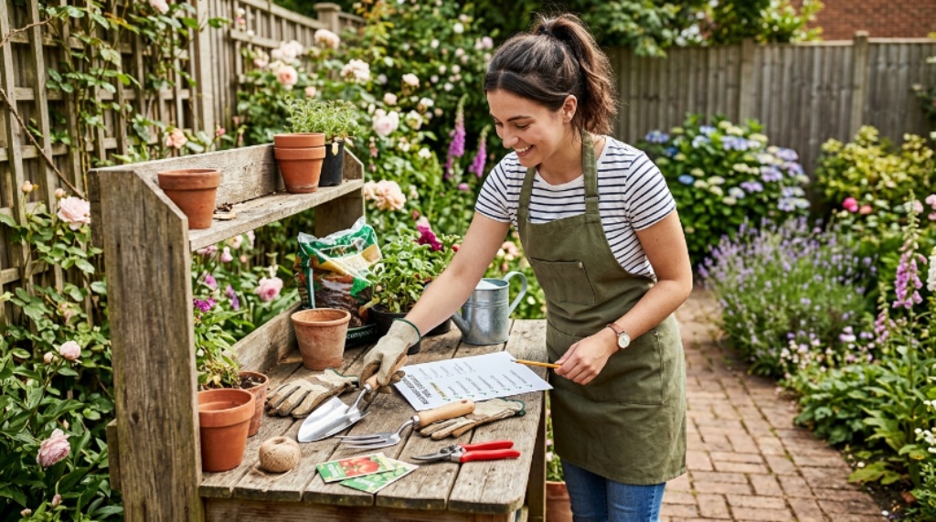 Beginner gardener selecting tools from a garden tool checklist laid out on a wooden potting bench outdoors
