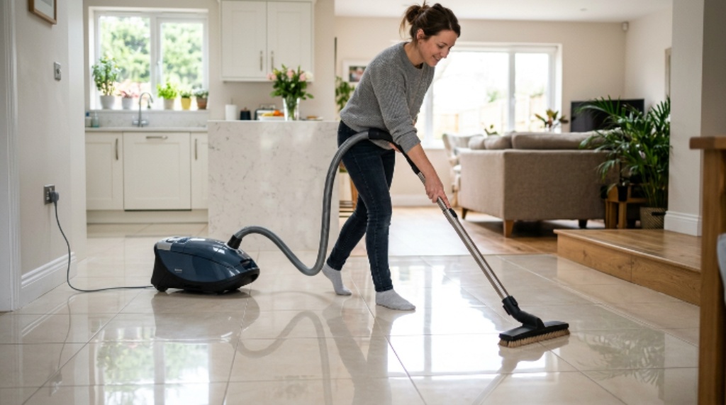 Person using a canister vacuum with a soft floor brush on shiny ceramic tile flooring
