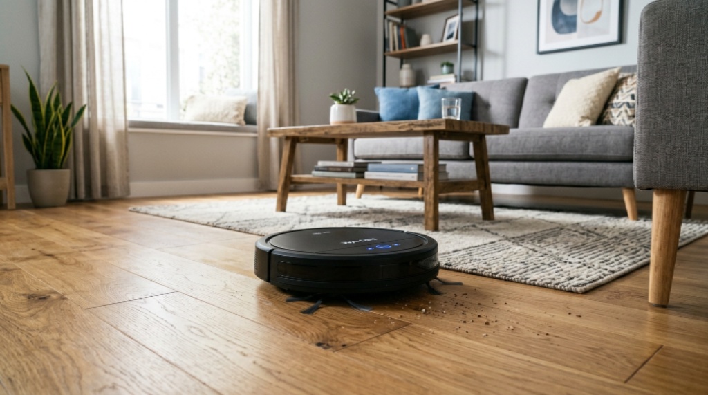 A budget robot vacuum cleaning a hardwood floor in a modern living room
