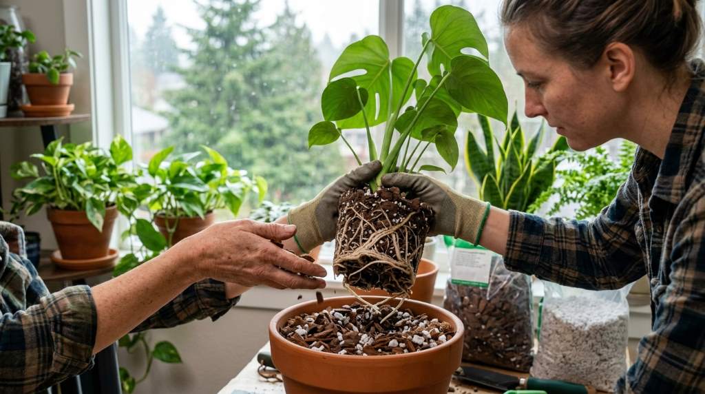 Indoor tropical houseplants in airy potting mix near a Seattle apartment window during rainy weather