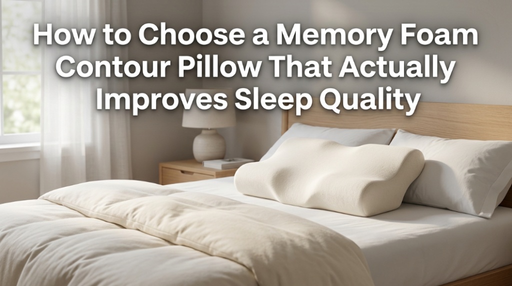 Memory foam contour pillow on a bed with text guide on choosing the best one for sleep quality.