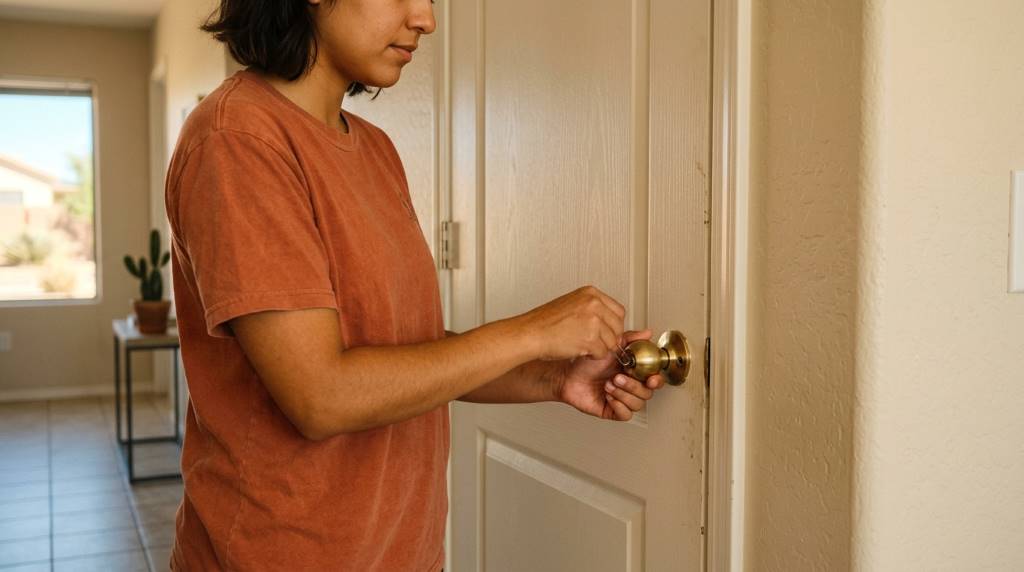 Phoenix renter unlocking a bedroom privacy door with a small emergency key in an apartment hallway