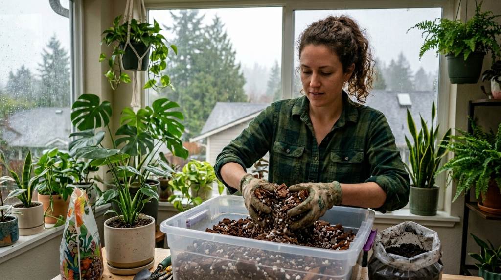 Seattle plant grower mixing orchid bark, pumice, and coco coir for houseplant soil blend