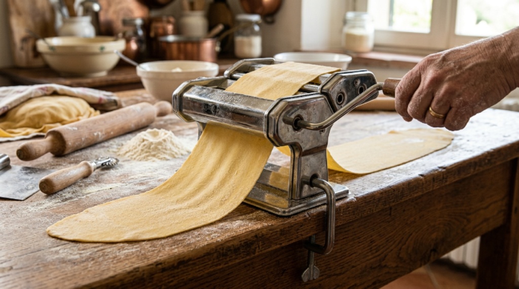 Close-up of authentic pasta tools including a manual pasta roller with fresh pasta sheets on a wooden surface
