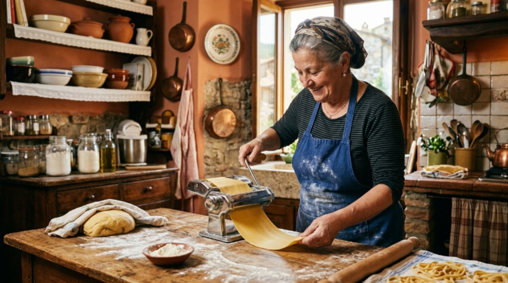 Italian home cook using a classic pasta roller to make fresh pasta dough in a traditional kitchen