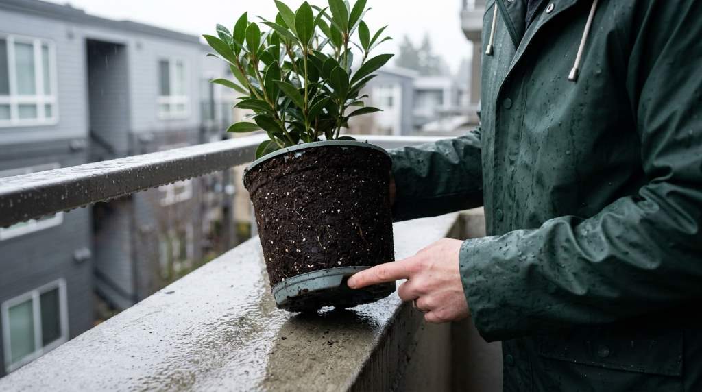 Balcony gardener checking potted plant leaf health