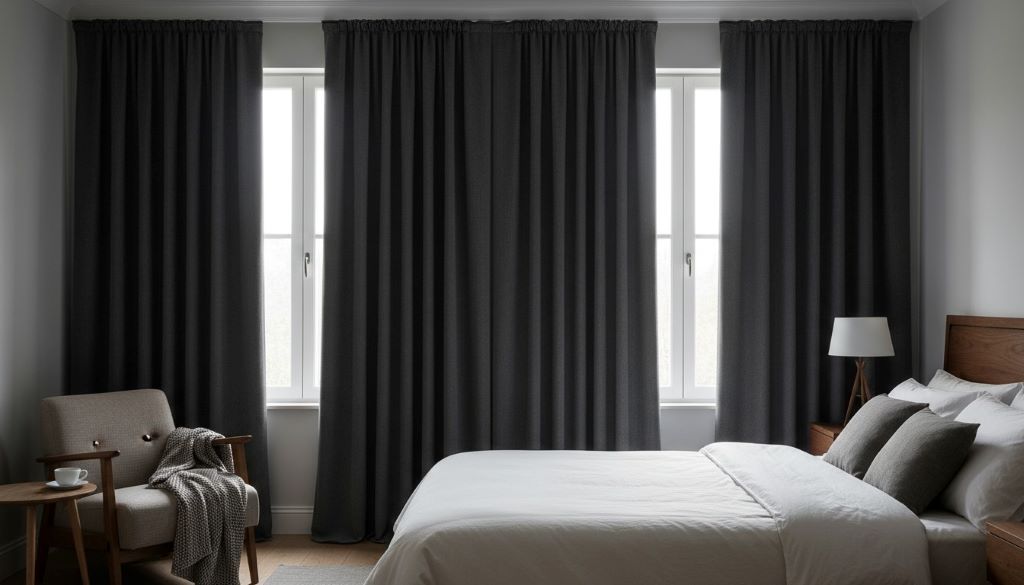 Blackout curtains covering large windows in a modern living room