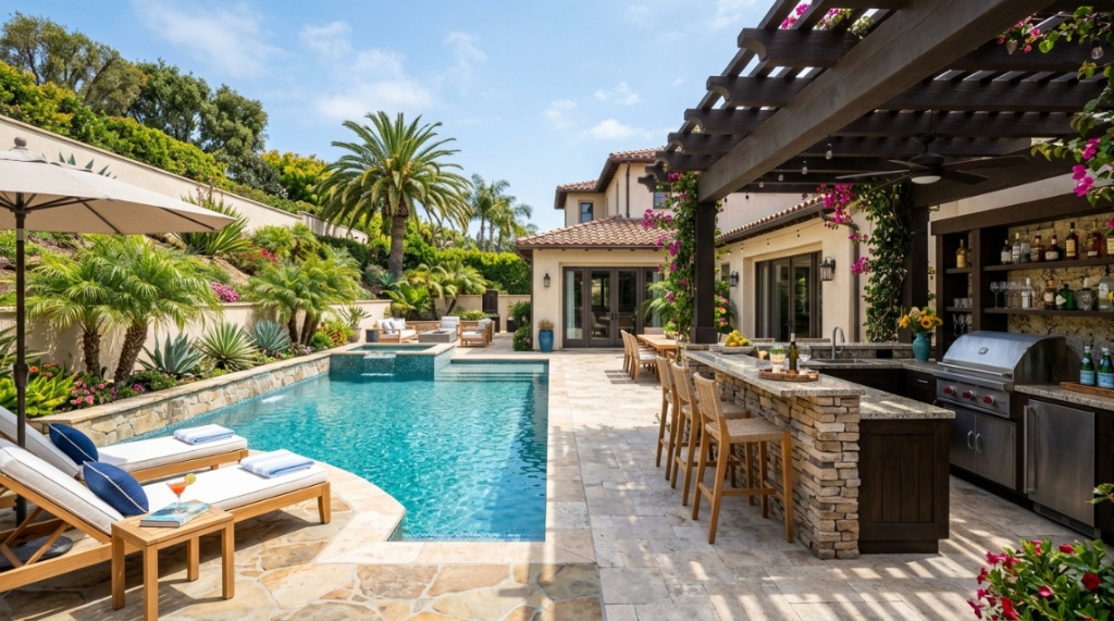 Modern outdoor stone kitchen featuring stainless steel grill underneath evening string lights.
