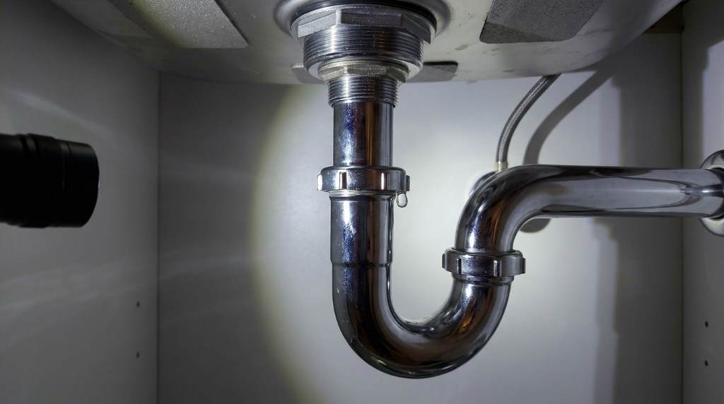 Homeowner inspecting water leak beneath kitchen sink