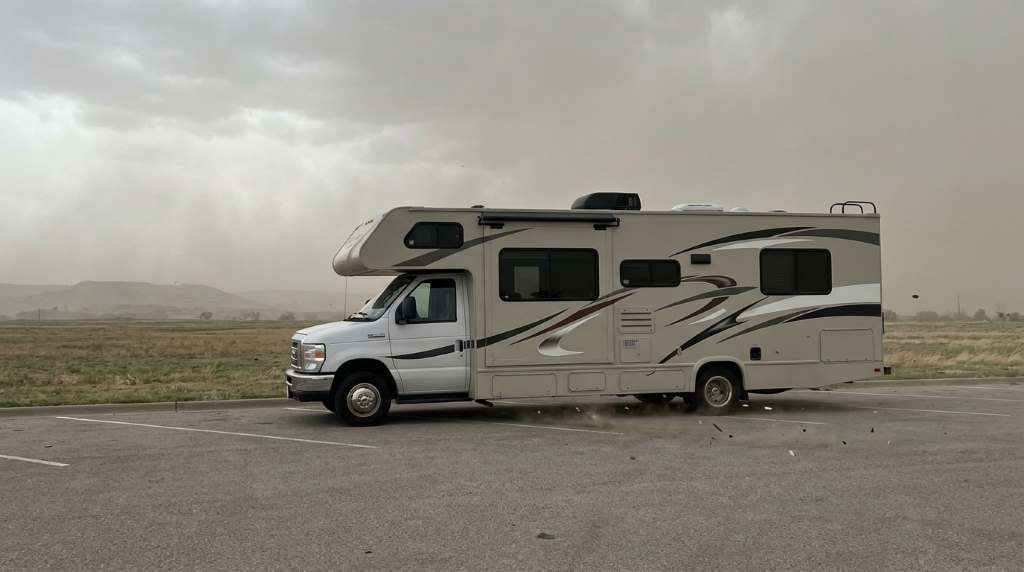 RV driving through strong crosswinds on an Oklahoma highway