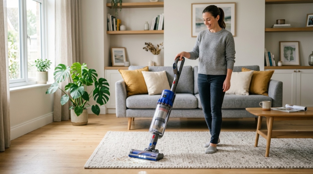 Modern upright vacuum standing on clean carpet in bright Texas living room.