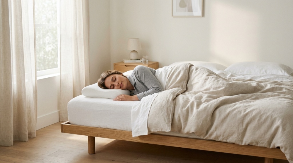 Person sleeping comfortably on a side sleeper bed with a thin low-profile pillow.