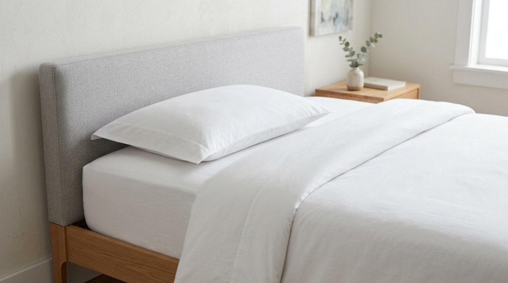 Close-up of a neatly arranged bed featuring a slim sleeping pillow on cotton sheets.