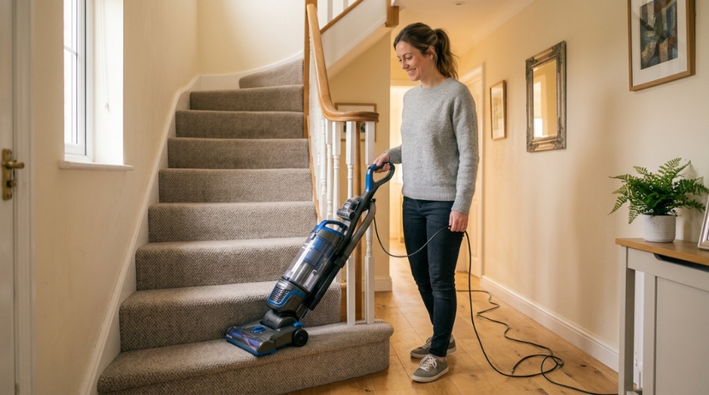 Person using lightweight upright vacuum to clean residential carpeted stairs.