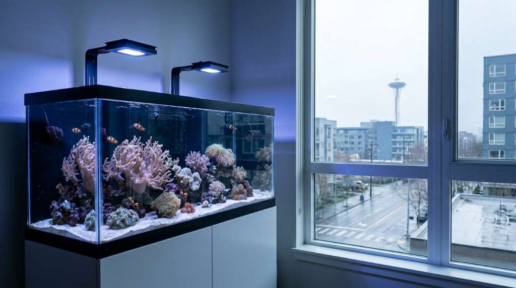 Saltwater aquarium with protein skimmer producing foul-smelling skimmate