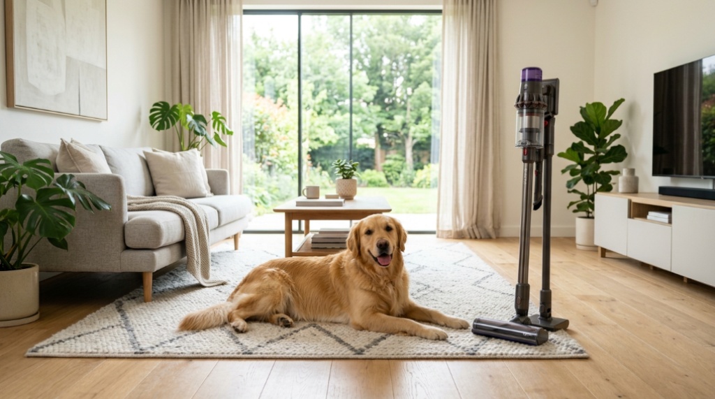 Happy golden retriever resting in a clean living room near a vacuum